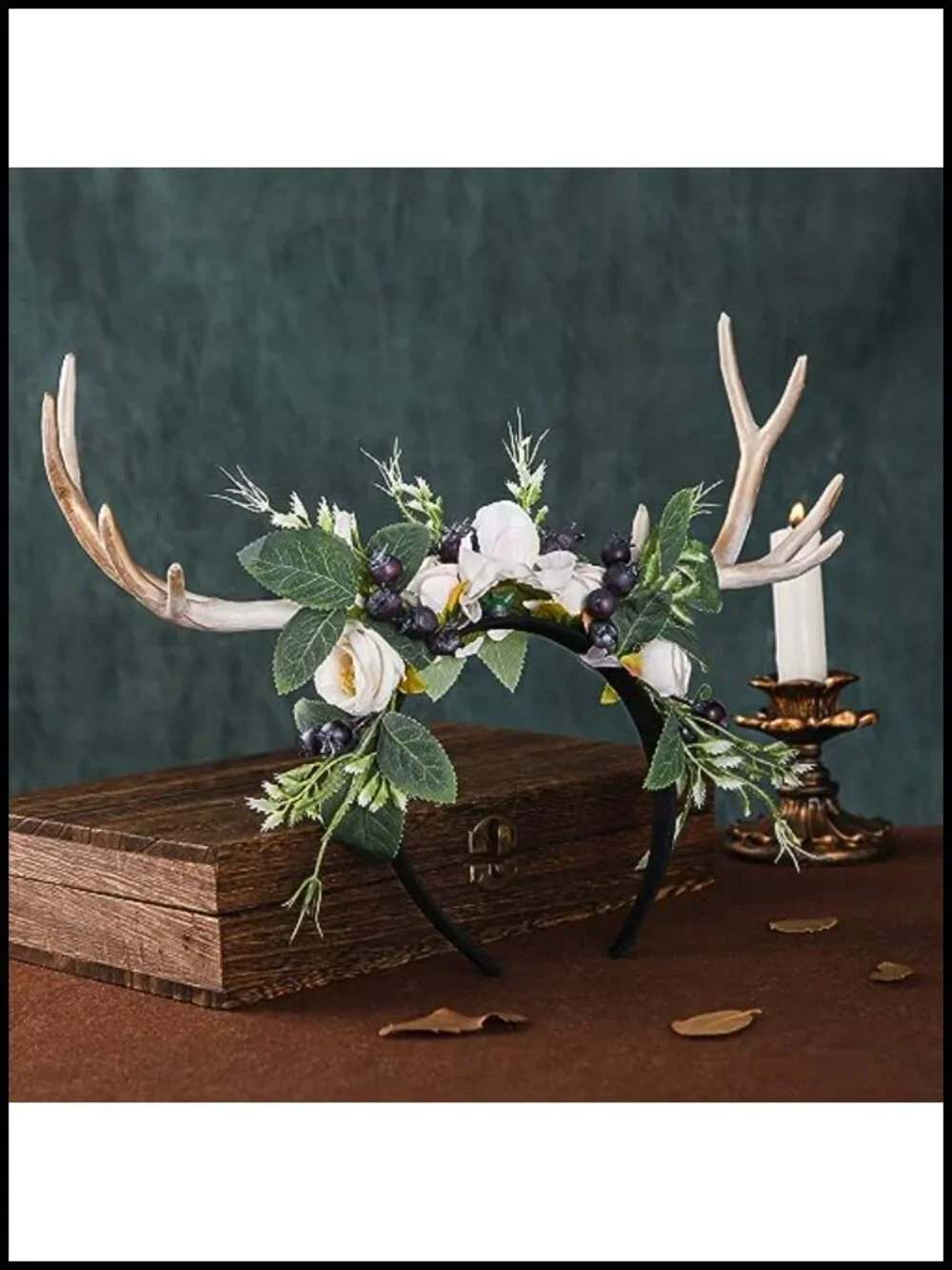 Handmade Deer Horns Headband with Flowers and Berries for Halloween Cosplay Prom
